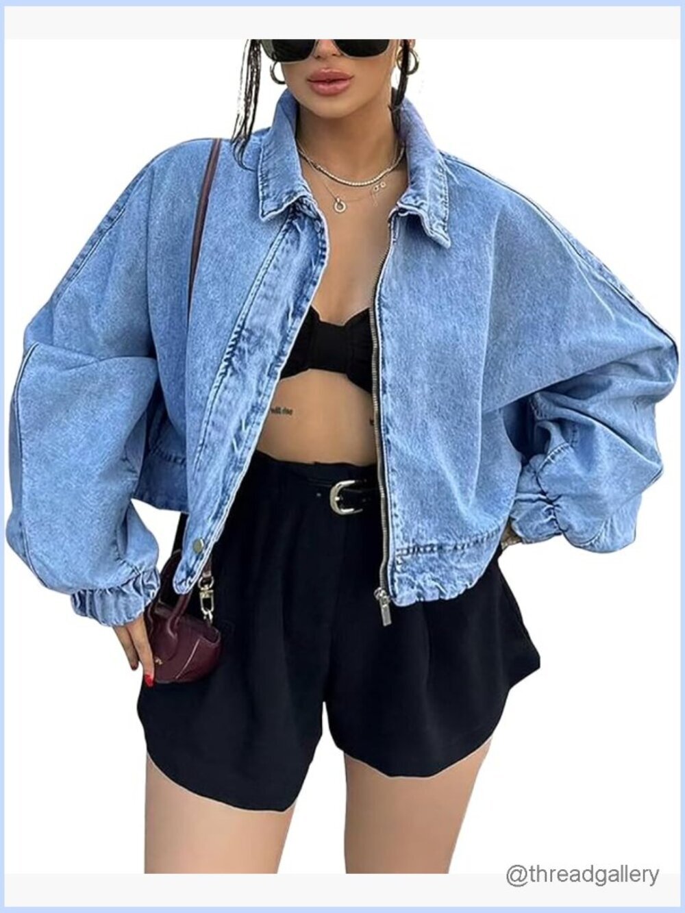 Oversized Cropped Denim Jacket Zip Up Bomber Shacket for Women Trendy